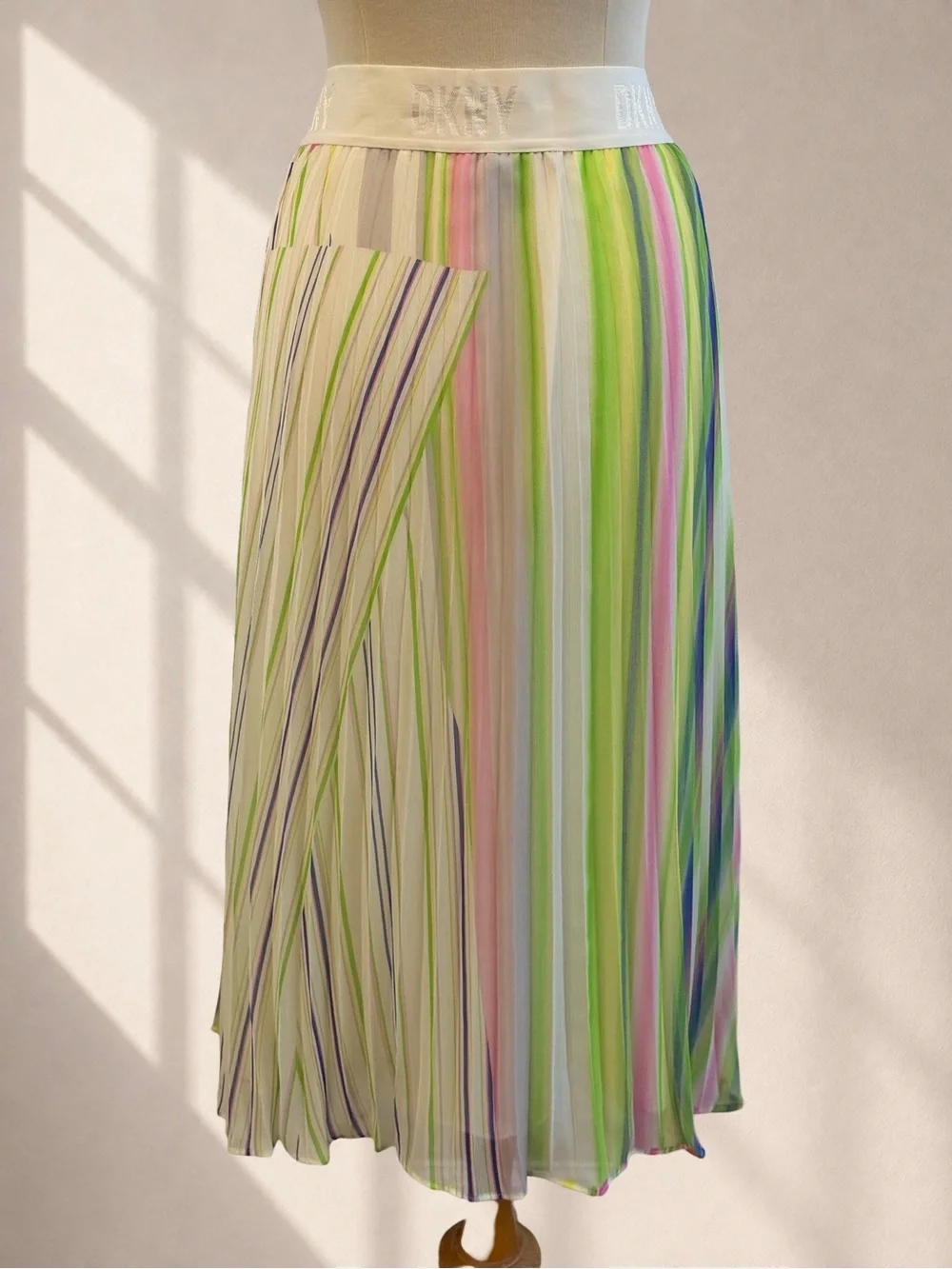 DKNY Scissor Pleated Pastel Stripe Midi Skirt L Y2K Resort Art Print